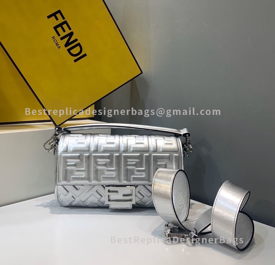 Fendi Baguette Medium Silver Sheepskin Bag SHW 0135M